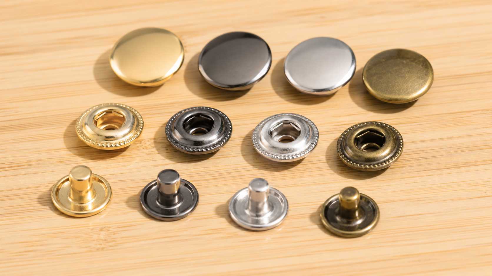 snap fastener press, The snap fastener press display shows complete snap components in gold, black, silver, and antique brass finishes arranged on a wooden surface.